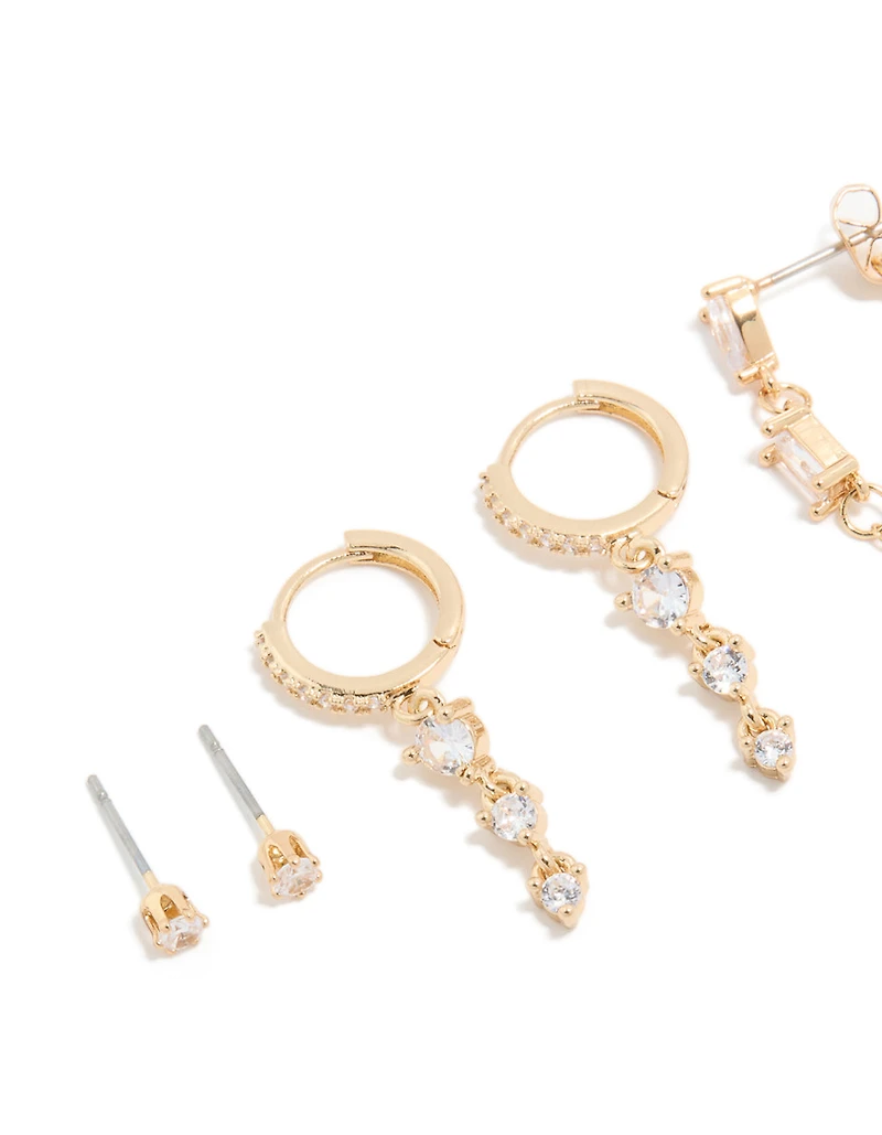 Boucles d’oreilles Belle chaîne et clous en zircone cubique plaqués or en paquet de 4