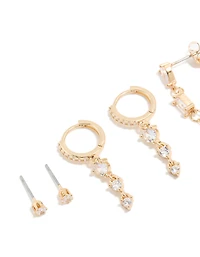 Boucles d’oreilles Belle chaîne et clous en zircone cubique plaqués or en paquet de 4