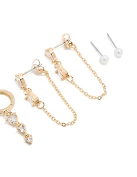 Gold Plated Cubic Zirconia Lovely Chain & Stud Earrings 4-Pack