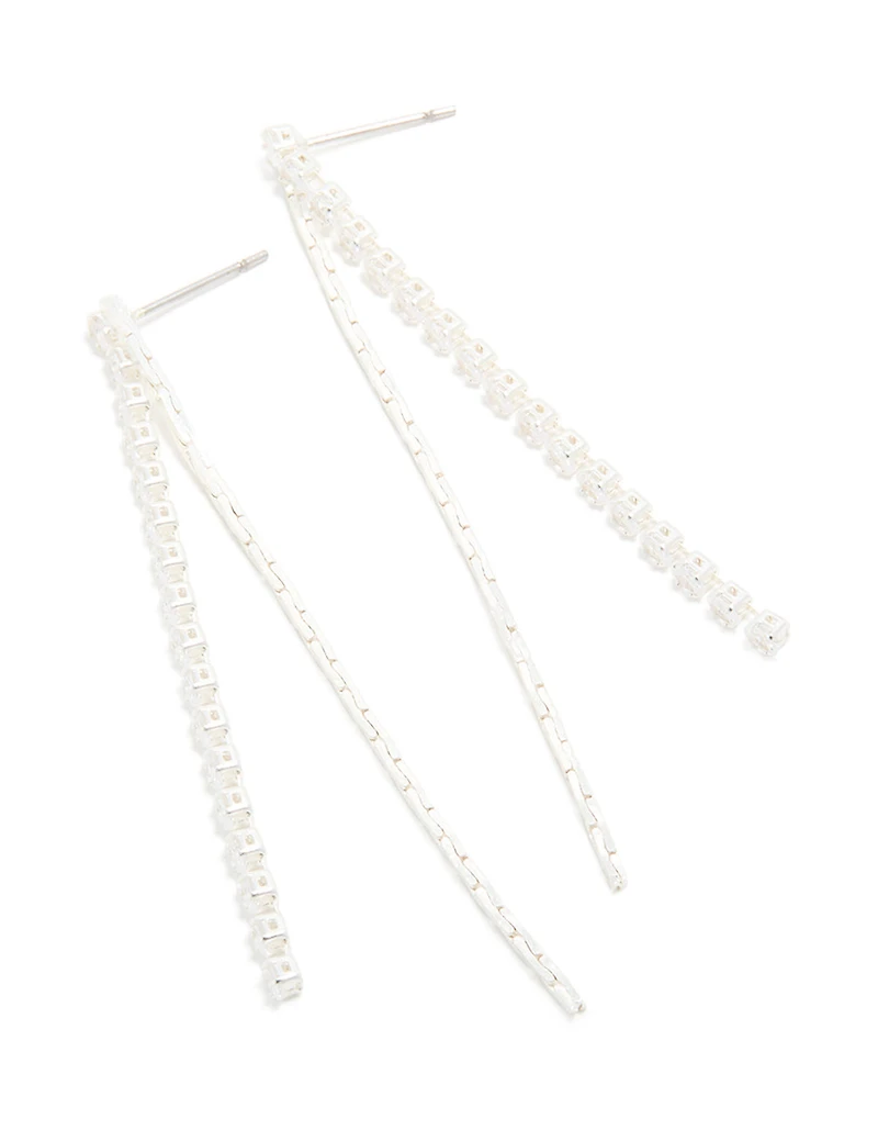 Silver Plated Cubic Zirconia Mixed Textured Cup Chain Drop Earrings