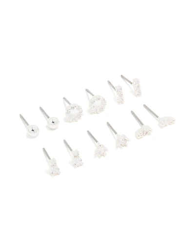 Silver Plated Cubic Zirconia Dainty Motif Stud Earrings 6-Pack