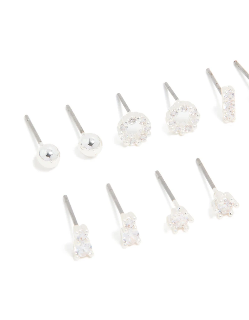 Silver Plated Cubic Zirconia Dainty Motif Stud Earrings 6-Pack