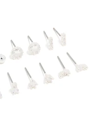 Silver Plated Cubic Zirconia Dainty Motif Stud Earrings 6-Pack