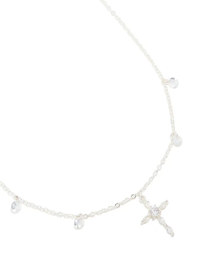 Silver Plated Cubic Zirconia Floating Cross Pendant Necklace