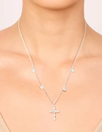 Silver Plated Cubic Zirconia Floating Cross Pendant Necklace