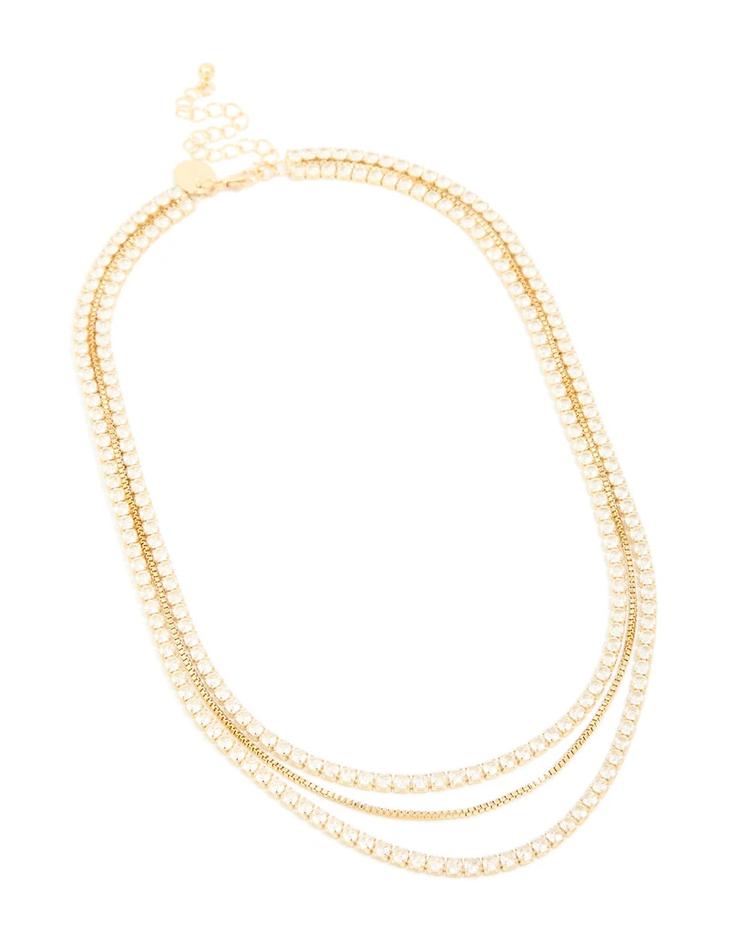 Gold Plated Cubic Zirconia Tennis Layered Necklace
