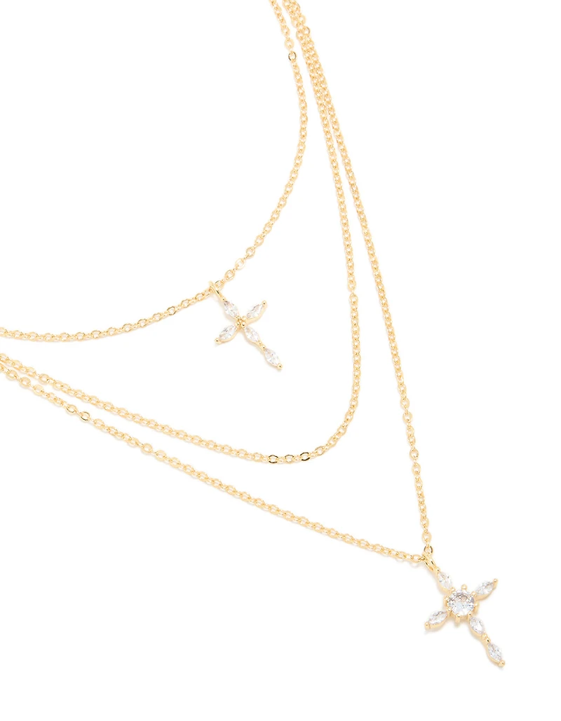 Gold Plated Cubic Zirconia Cross Layered Necklace