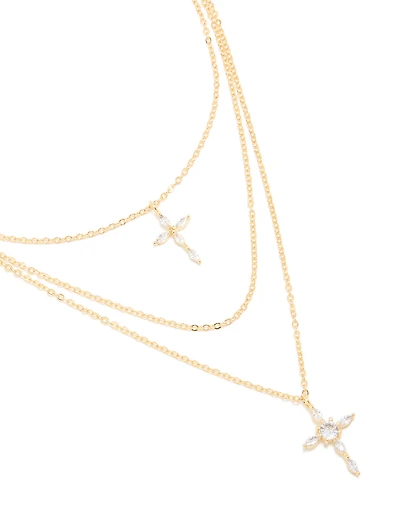 Gold Plated Cubic Zirconia Cross Layered Necklace