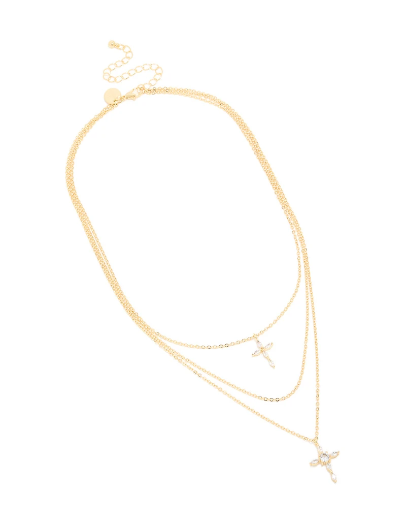 Gold Plated Cubic Zirconia Cross Layered Necklace