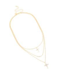 Gold Plated Cubic Zirconia Cross Layered Necklace