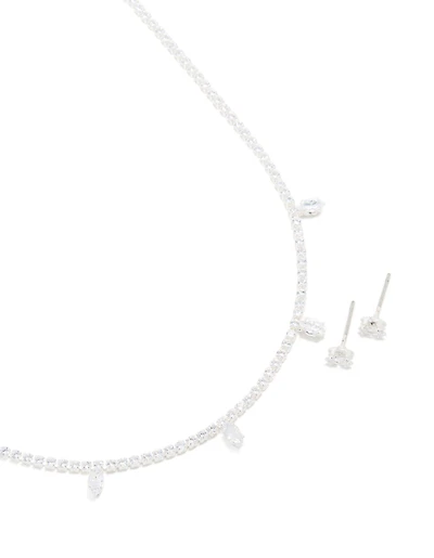 Silver Plated Cubic Zirconia Mini Marquise Drops Necklace & Earrings Set
