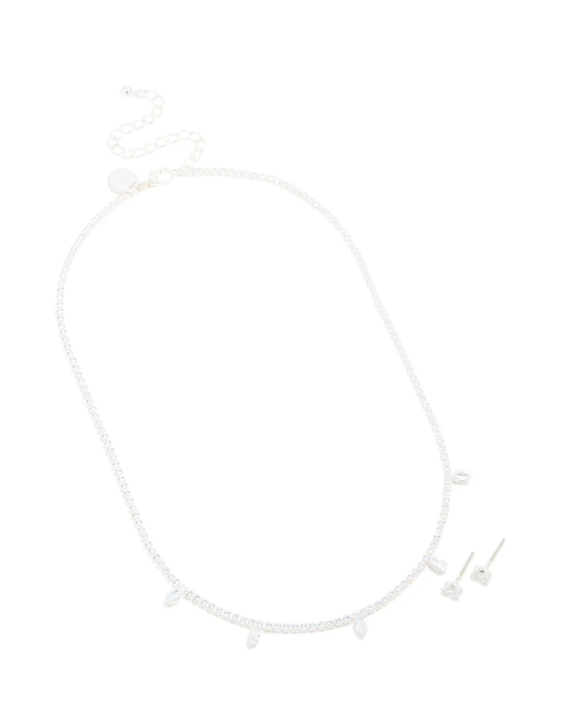 Silver Plated Cubic Zirconia Mini Marquise Drops Necklace & Earrings Set