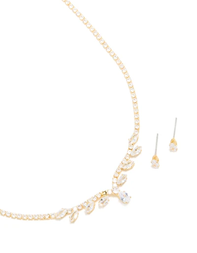 Gold Plated Cubic Zirconia Cluster Necklace & Earrings Set