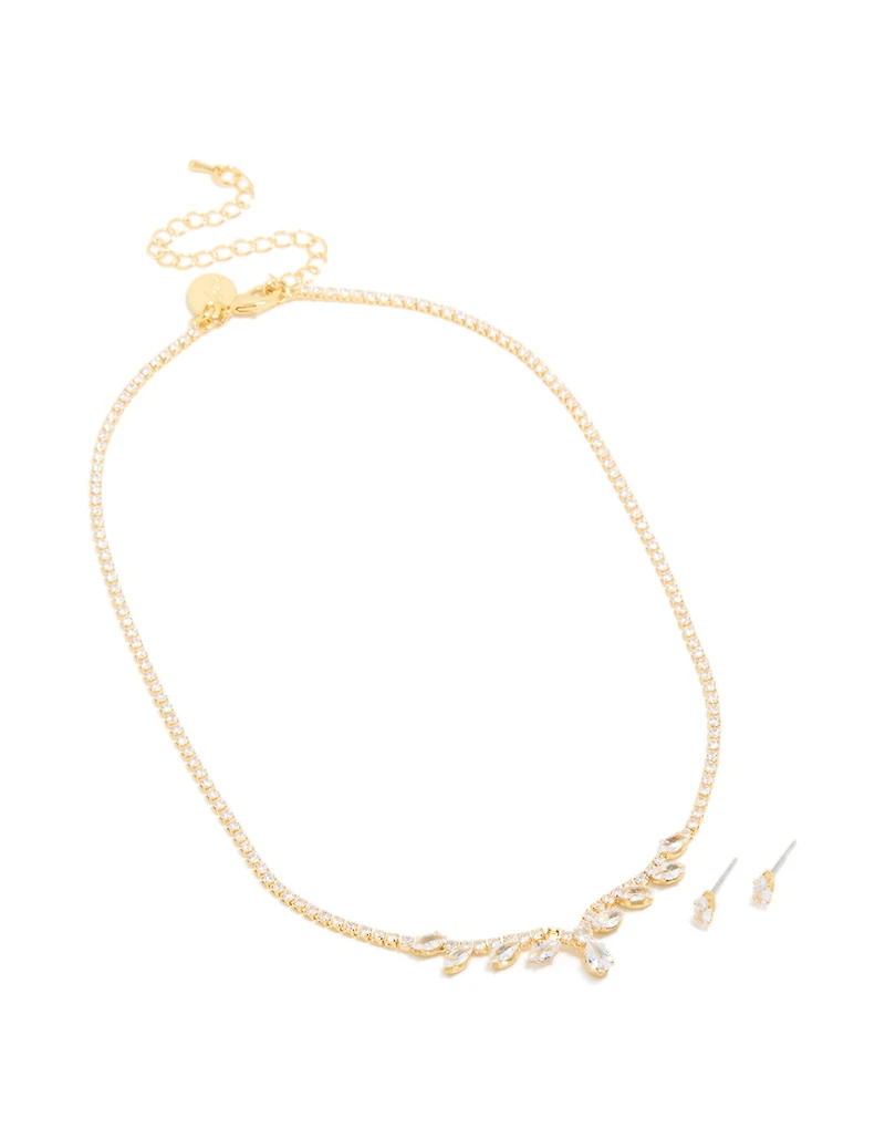 Gold Plated Cubic Zirconia Cluster Necklace & Earrings Set