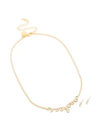 Gold Plated Cubic Zirconia Cluster Necklace & Earrings Set