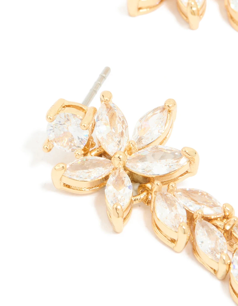 Gold Plated Cubic Zirconia Medium Flower Drop Earrings