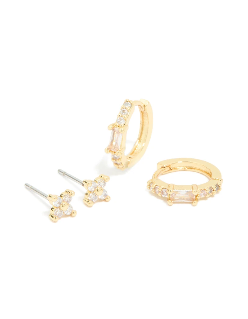 Gold Plated Cubic Zirconia Star Huggie & Hoop Earrings 2-Pack