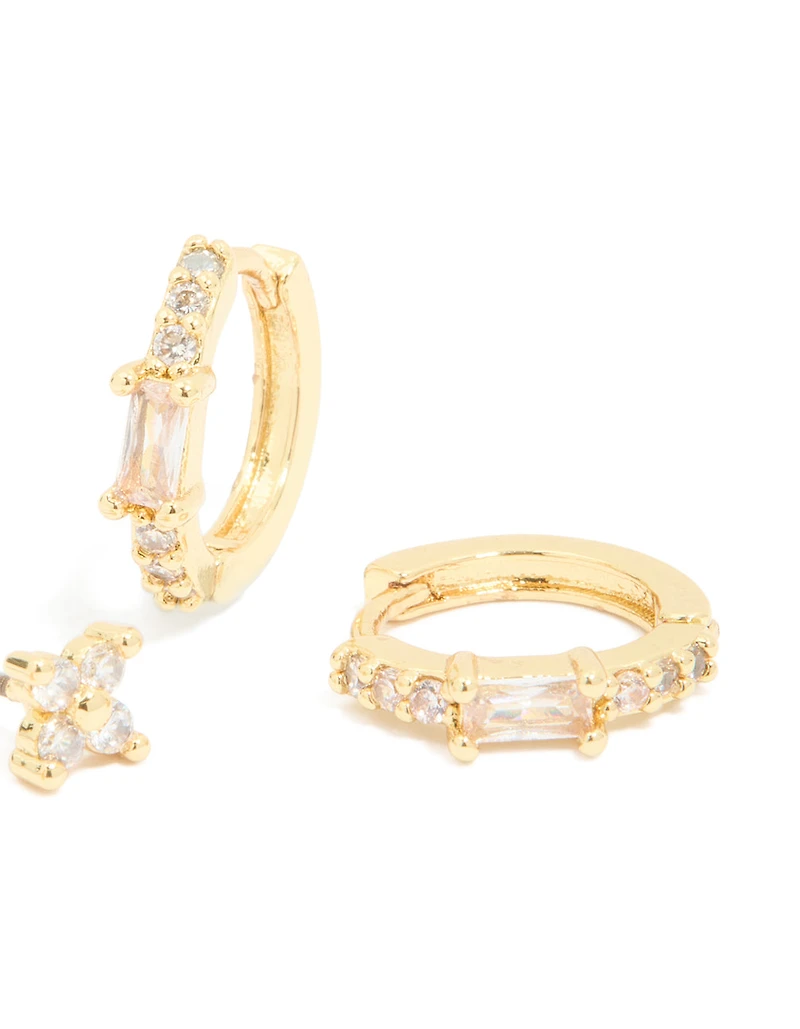 Gold Plated Cubic Zirconia Star Huggie & Hoop Earrings 2-Pack
