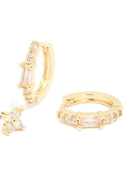 Gold Plated Cubic Zirconia Star Huggie & Hoop Earrings 2-Pack