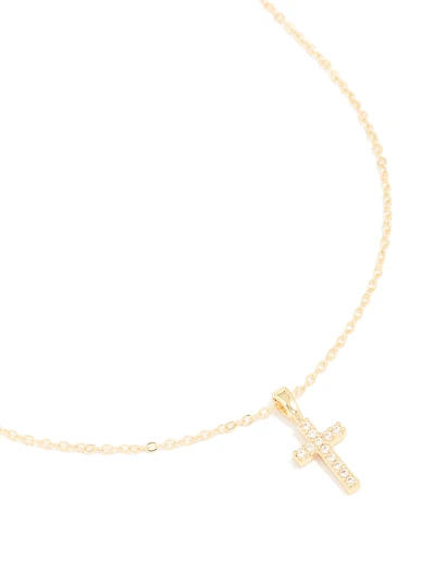Gold Plated Cubic Zirconia Cross Pendant Necklace