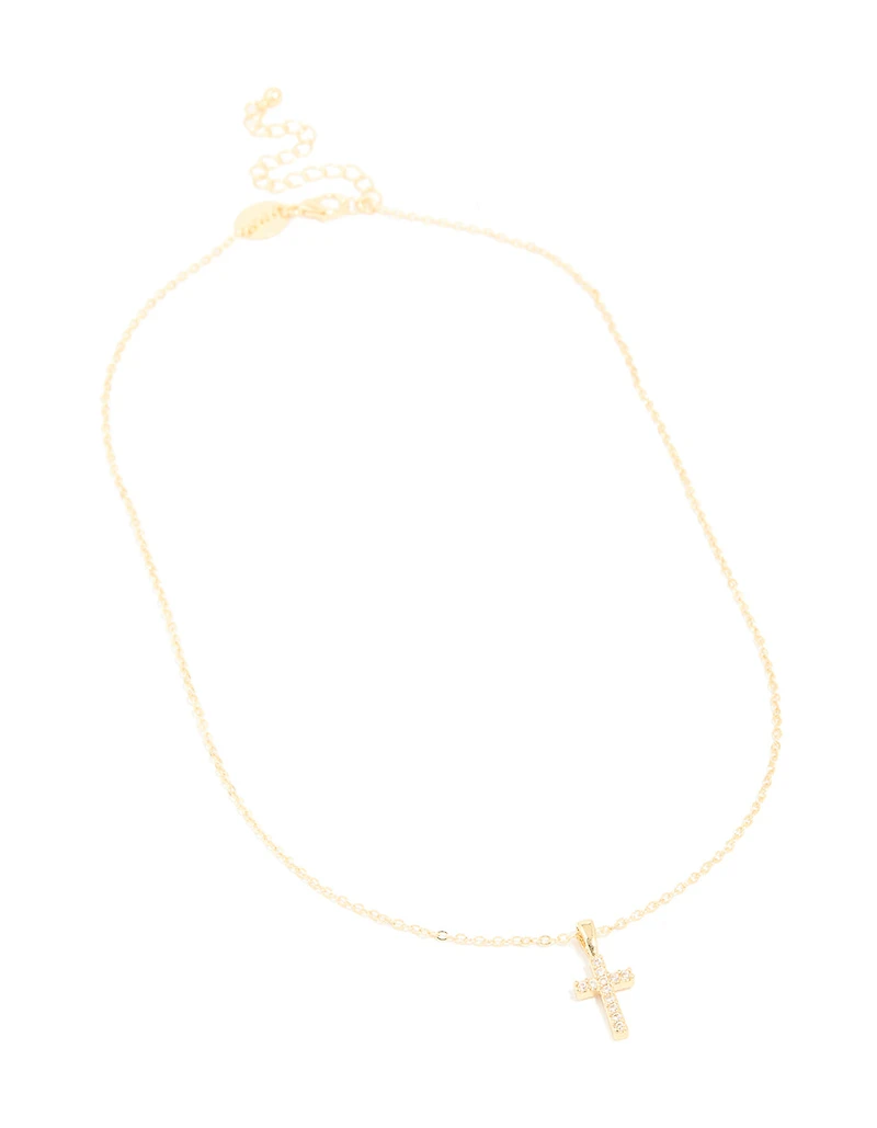Gold Plated Cubic Zirconia Cross Pendant Necklace