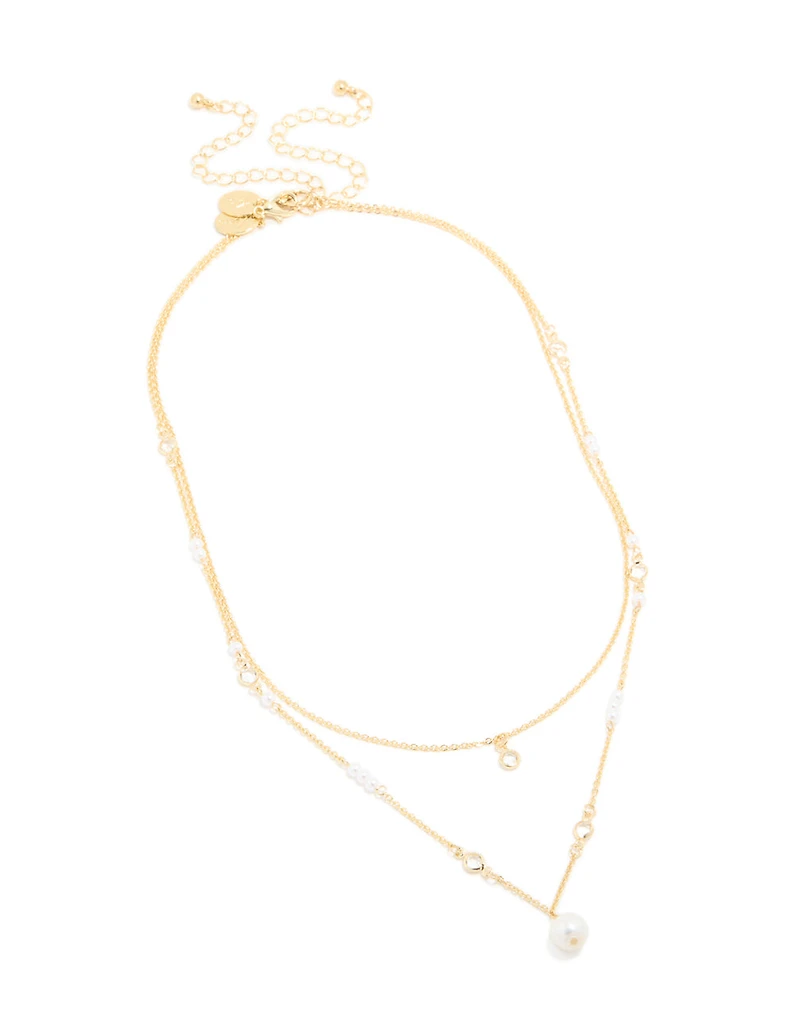 Gold Plated Cubic Zirconia & Pearl Layered Necklace