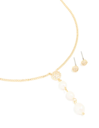Gold Plated Cubic Zirconia Freshwater Pearl Drop Earrings & Necklace Set