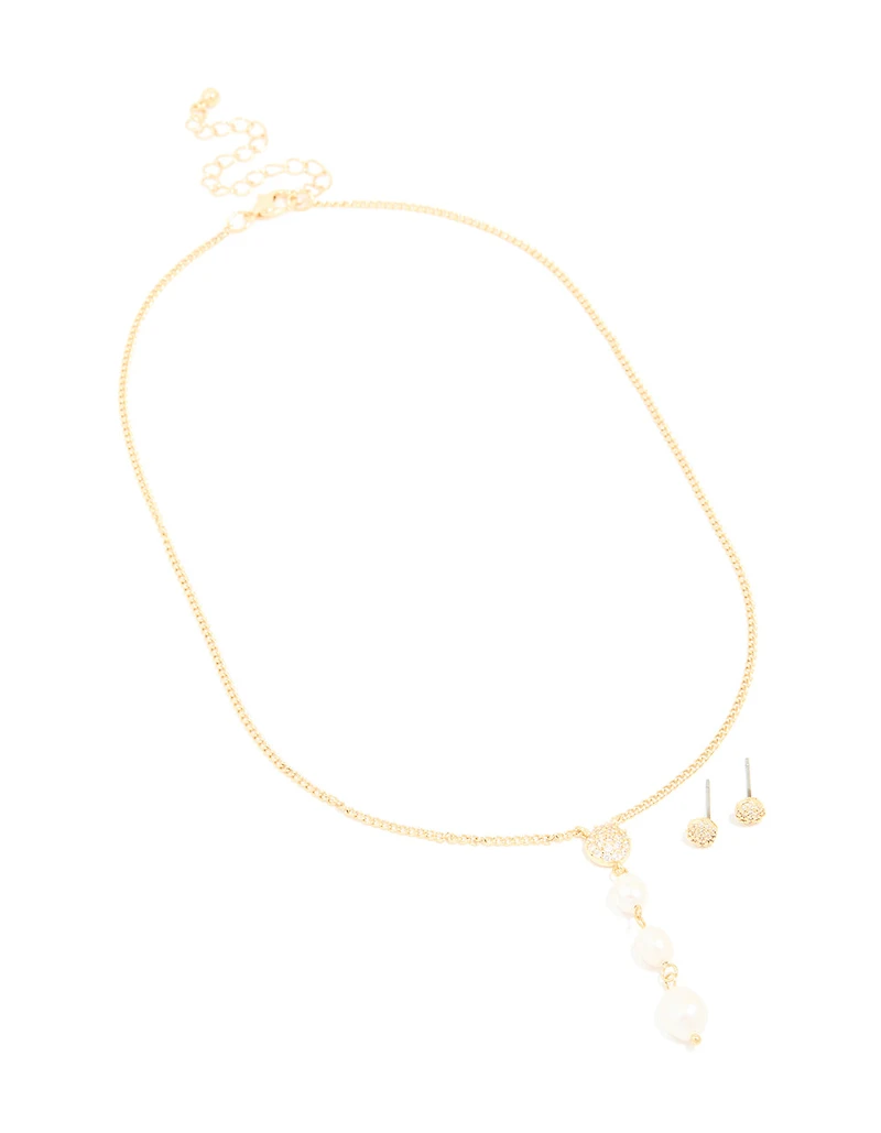 Gold Plated Cubic Zirconia Freshwater Pearl Drop Earrings & Necklace Set