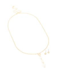 Gold Plated Cubic Zirconia Freshwater Pearl Drop Earrings & Necklace Set