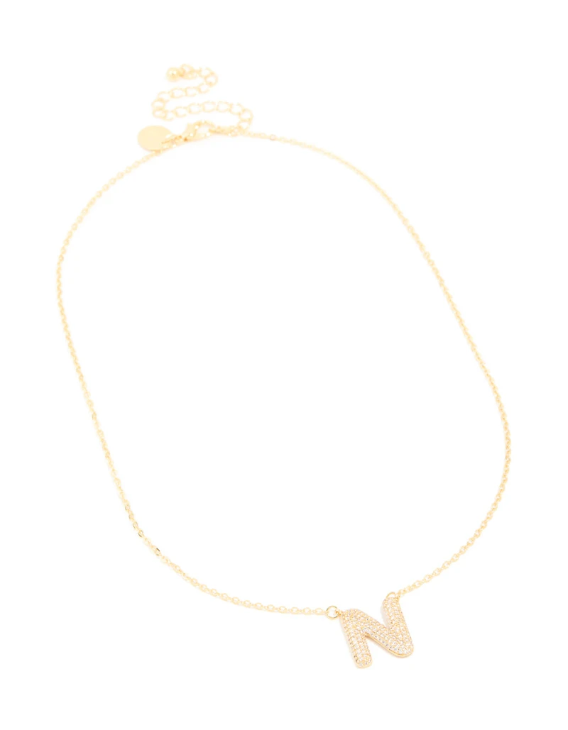 Gold Plated Cubic Zirconia Pave Letter N Necklace