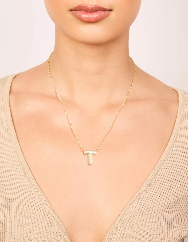 Gold Plated Cubic Zirconia Pave Letter T Necklace