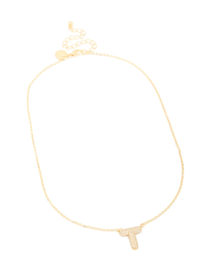 Gold Plated Cubic Zirconia Pave Letter T Necklace