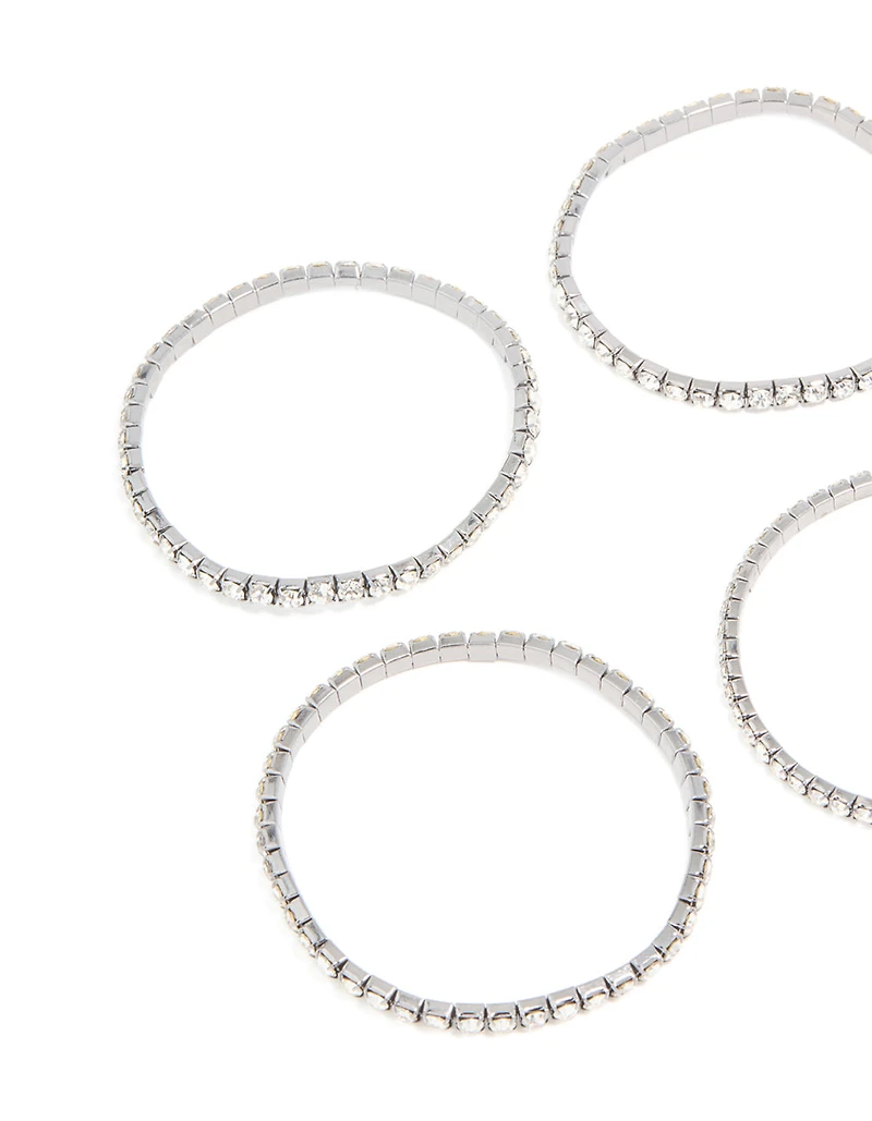 Gunmetal Silver Diamante Stretch Bracelets 6-Pack