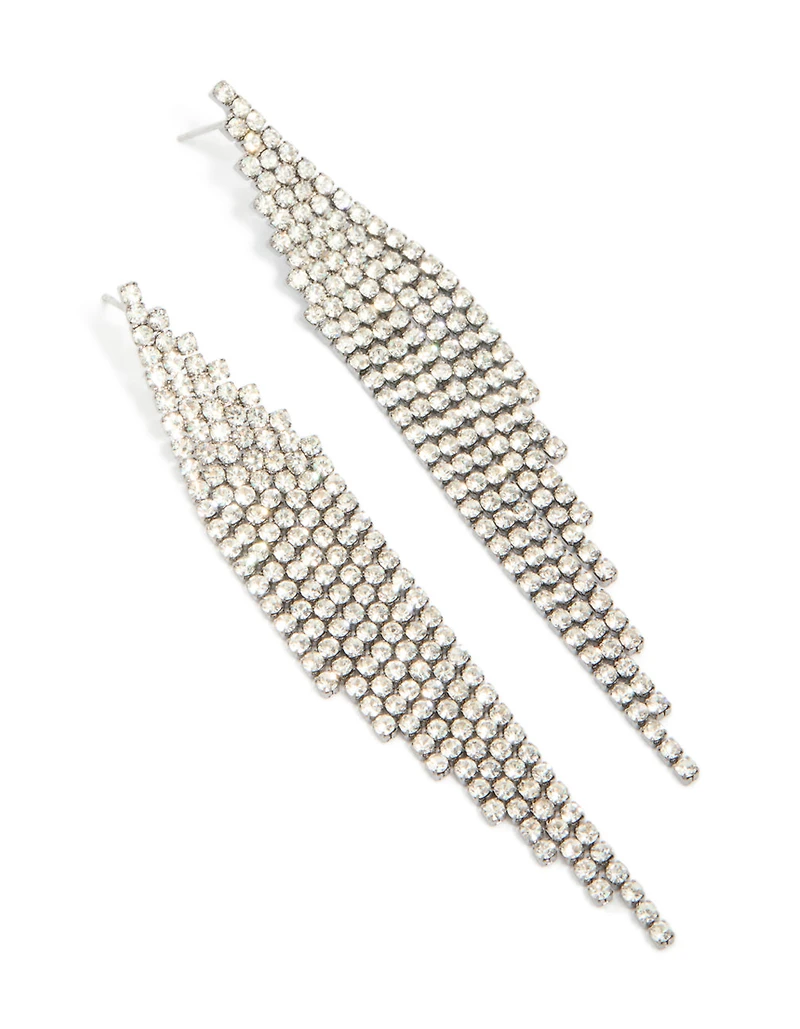 Gunmetal Silver Diamante Slanted Cup Chain Earrings