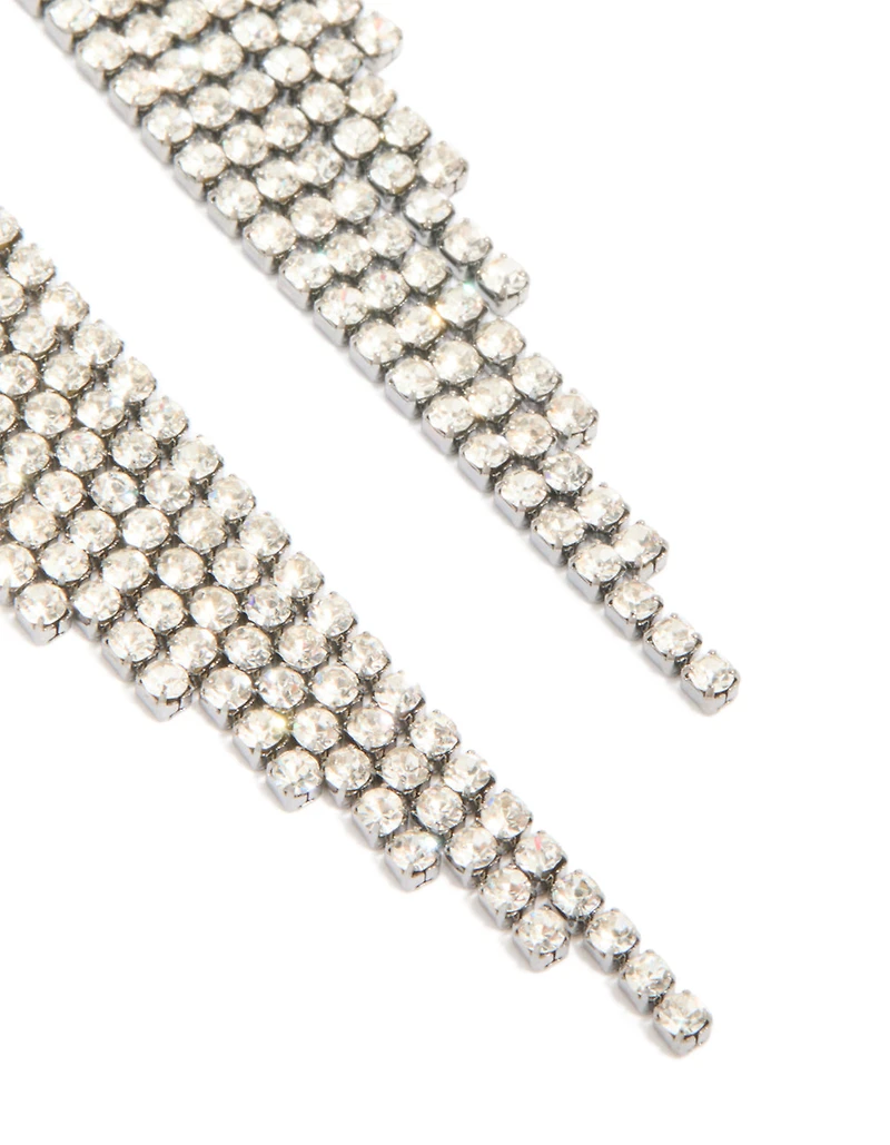 Gunmetal Silver Diamante Slanted Cup Chain Earrings