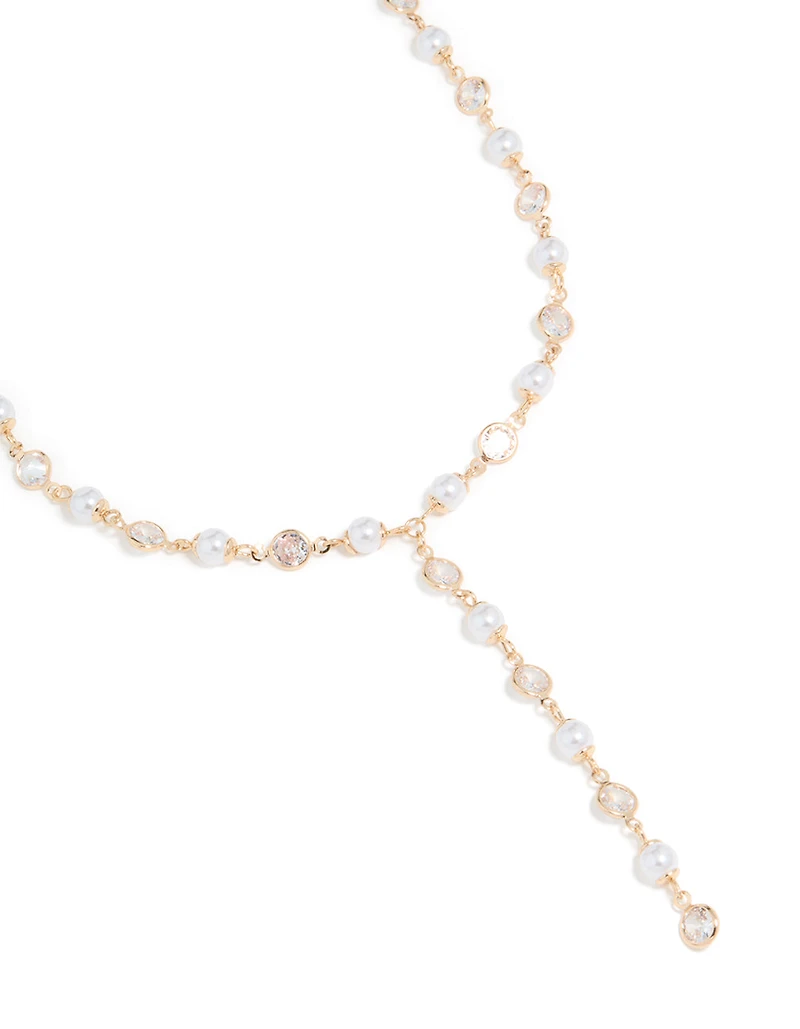 Gold Cubic Zirconia & Pearl Chain Y-Necklace