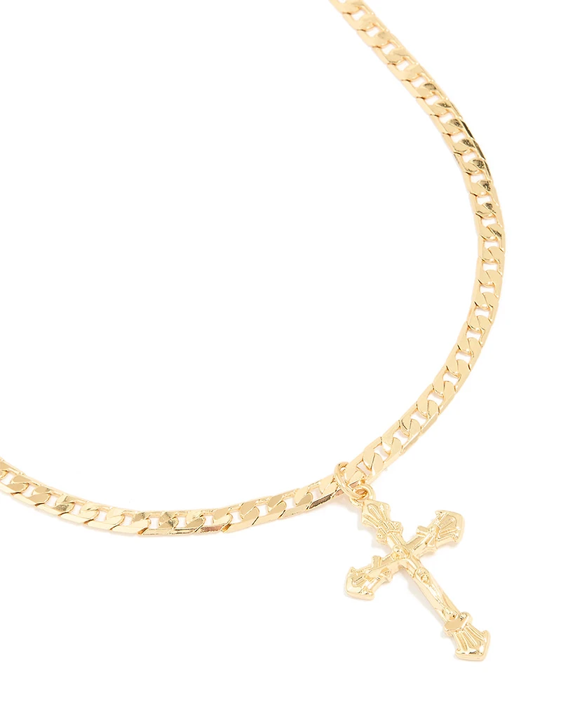 Gold Plated Cross Flay Curb Chain Necklace