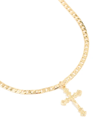 Gold Plated Cross Flay Curb Chain Necklace