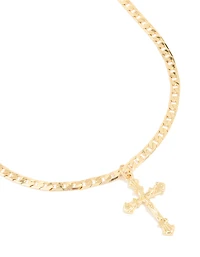 Gold Plated Cross Flay Curb Chain Necklace