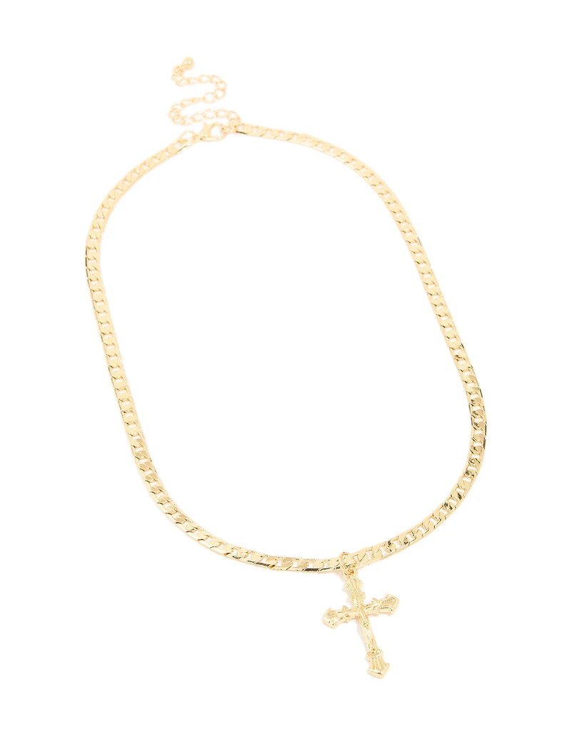 Gold Plated Cross Flay Curb Chain Necklace