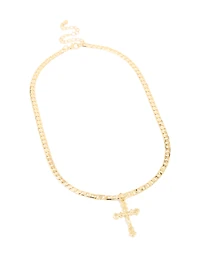Gold Plated Cross Flay Curb Chain Necklace