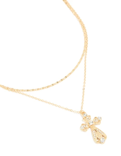 Gold Plated Diamante Filigree Cross & Chain Layered Necklace