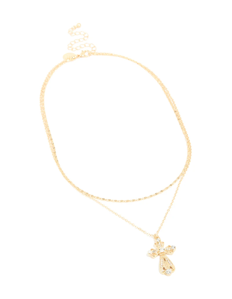 Gold Plated Diamante Filigree Cross & Chain Layered Necklace