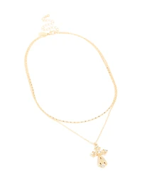 Gold Plated Diamante Filigree Cross & Chain Layered Necklace