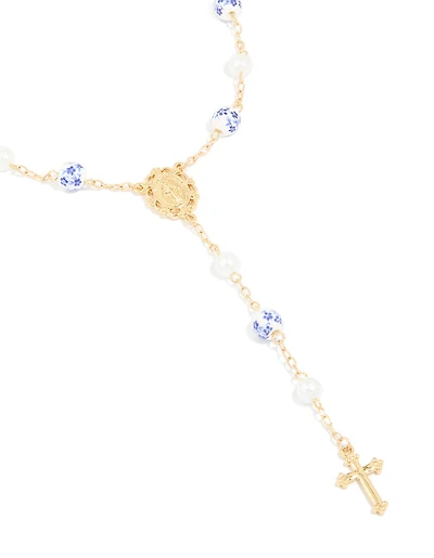 Gold Plated Blue Floral Rosary Necklace