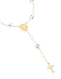 Gold Plated Blue Floral Rosary Necklace