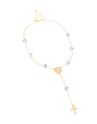 Gold Plated Blue Floral Rosary Necklace