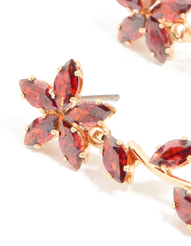 Gold Red Cubic Zirconia Flower Trail Drop Earrings