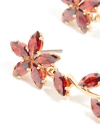 Gold Red Cubic Zirconia Flower Trail Drop Earrings