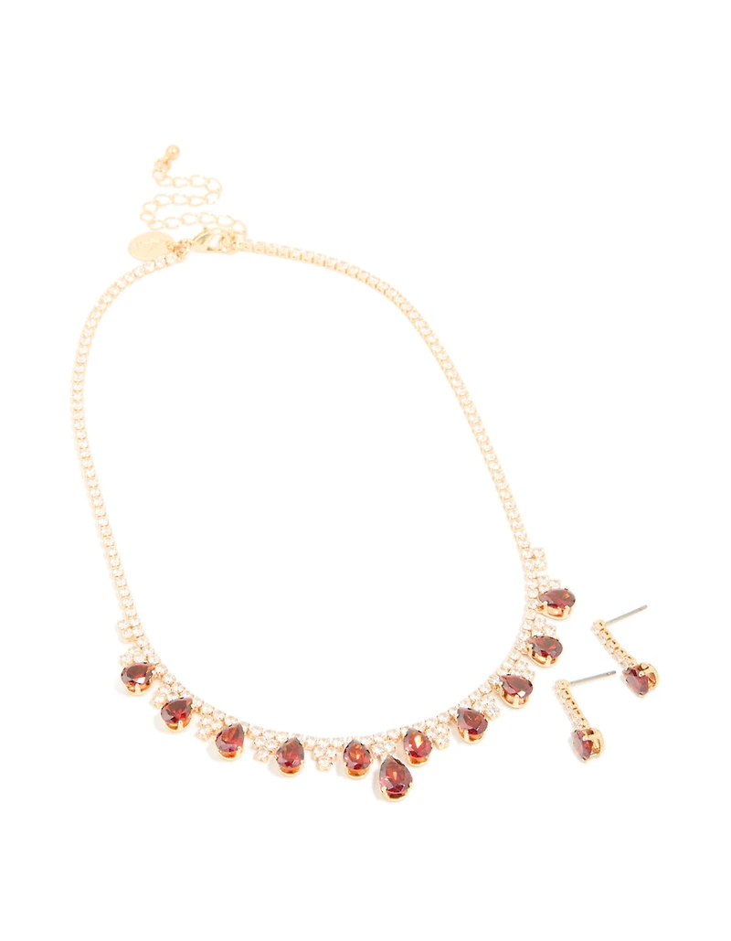 Gold Red Cubic Zirconia Cup Chain Teardrop Earrings & Necklace Set